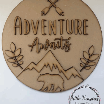 3mm mdf Adventure Awaits (Mountain scene) Plaque