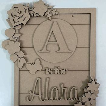 3mm mdf Rectangular Initial Butterfly and Flowers Plaque