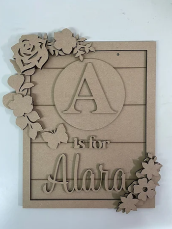 3mm mdf Rectangular Initial Butterfly and Flowers Plaque