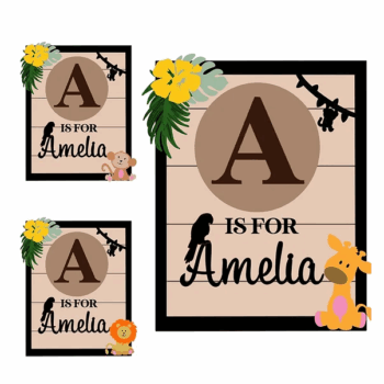 3mm mdf Rectangular Initial Jungle Animal Plaque