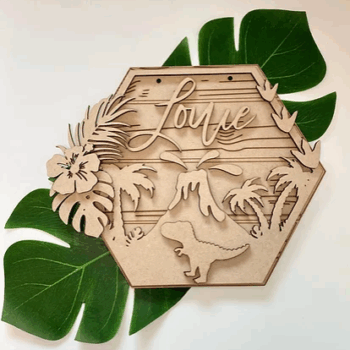 3mm mdf T-Rex Hexagon Name Plaque