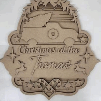 3mm mdf Fancy Shape Christmas at Sign with Truck