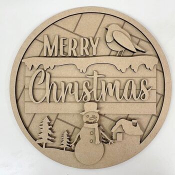 3mm mdf Merry Christmas Circular Plaque with Snowman and Robin