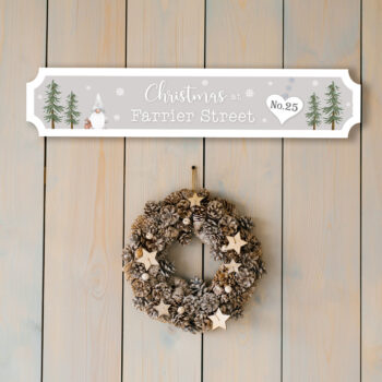 Christmas at the anyname Street Sign - Grey Gnome with Trees