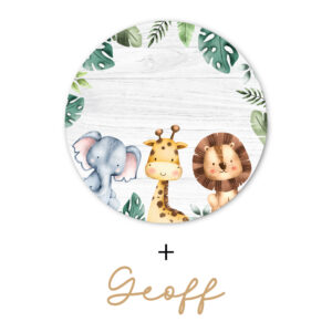 Printed Cute Jungle Animals & White Wood Effect Circle with Name